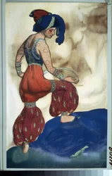 Sultan, vestuario para el ballet ""Sheherazade"" de Nicolas (Nikolai) Rimski Korsakov (Rimski-Korsakov) (1844-1908) de Después de los cuentos de las mil y una noches. princesa por N.Rimsky Korsakov (Rimsky-Korsakov). Dibujo de Leon Baxt (1866-1924). Gouach
