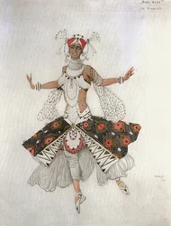 La Prometida, boceto de vestuario para el ballet " Dieu Bleu " de Reynaldo Hahn (acuarela, lápiz de color y plata sobre papel)