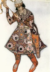 El zarevich Iván, boceto de vestuario para el ballet de Igor Stravinski El pájaro de fuego (acuarela, gouache)