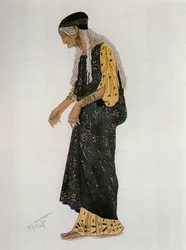 Enfermera mojada, boceto de vestuario para la tragedia de Eurípides " Hipólita " (acuarela, gouache, lápiz de color, oro sobre papel)