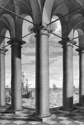 Sobre arquitectura, un paisaje marítimo aparece detrás de un edificio sostenido por arcadas: una tabla extraída de De Architectura Libri decem de Leon Battista Alberti (1404-1472), arquitecto, matemático, poeta italiano del Renacimiento