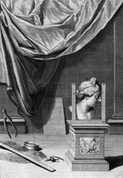 Tratados sobre arquitectura, un busto de una estatua clásica y herramientas arquitectónicas: tabla tomada de “De Architectura Libri decem” de Leon Battista Alberti (1404-1472), arquitecto, matemático, poeta italiano del Renacimiento, Londres