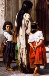 Joven dando limosna a la entrada de la capilla del hospital San Sebastián de Córdoba, detalle.