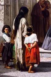Joven dando limosna a la entrada de la capilla del hospital San Sebastián de Córdoba, detalle.