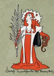 Caricatura de Henriette Rosine Bernard dit Sarah Bernhardt (1844-1923) como cartera de Bellas Artes - Ilustración de Leon Lebegue (1863-1944) - Grabado en "Le sun-du-dimanche"
