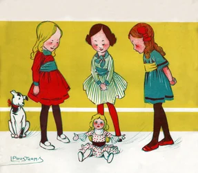 Niñas jugando con muñecas (ilustración, ca. 1910)