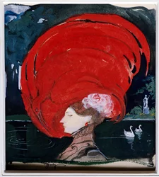 "La dama del sombrero rojo" Retrato de una elegante dama con sombrero de plumas rojas. Pintura de Leo Schnug (1878-1933).