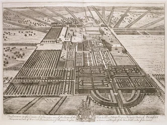 Casa de Badminton en el condado de Gloucester, grabado por Johannes Kip (c.1652-1722)