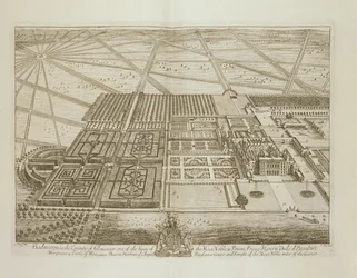 Casa Badminton en el condado de Gloucester, grabado por Johannes Kip (c.1652-1722)
