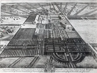 Casa de Badminton en el condado de Gloucester, grabado por Johannes Kip