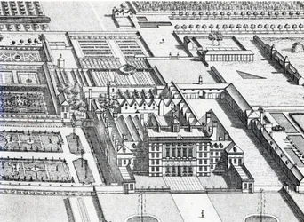 Badminton House en el condado de Gloucester, grabado por Johannes Kip (detalle)