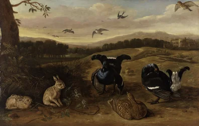 Urogallos negros, conejos y golondrinas en un parque, c. 1700