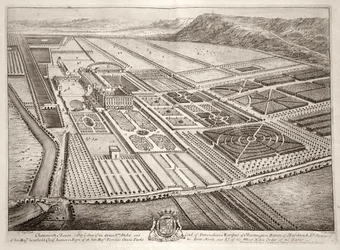 Casa Chatsworth, sede de William Cavendish (1640-1707) 1er Duque de Devonshire, grabado por Johannes Kip