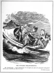 Lloyd George, representado como un marinero de bote salvavidas, enfrenta oposición a su Ley de Seguro Nacional, 1911