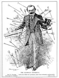 Lloyd George, representado como el mártir, San Sebastián, bajo ataque por su Ley de Seguro Nacional, que entró en vigor el 15 de julio de 1912