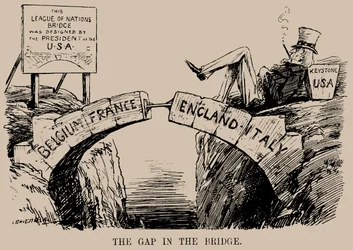 La brecha en el puente. Caricatura sobre la ausencia de EE.UU. en la Liga de las Naciones
