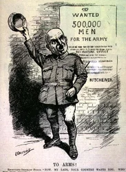 ¡A las armas! Sargento de reclutamiento Punch; "Ahora, muchachos, su país los necesita. ¿Quién va al frente?" de la revista 