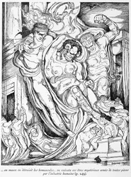 En masa se destruyeron los homúnculos, estos seres misteriosos fueron ejecutados por la industria humana - en "Voyage au pays de la fourth dimension" de G. de Pawlowski, ill. de Léonard Sarluis (1874-1949), ed. Eugène Fasquel, París