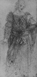 Una mujer con un corpiño trenzado y una capa sobre su brazo izquierdo, c1480 1945
