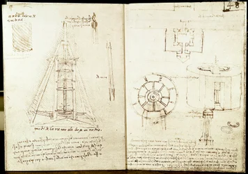 Arquitectura y arte militar: página izquierda: escalera de caracol alrededor de una torre. Perforación de una viga. Página derecha: plano de entrada de una ciudad fortificada. Plano y elevación de una torre circular fortificada en el mar. Manuscrito de Leo