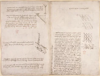 Arundel 263, f.120v, f.121 Notas y diagramas sobre mecánica, sobre la velocidad de los líquidos, c.1503-6 (pluma y tinta sobre papel)