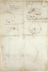Arundel 263, f.126v Tres notas y bocetos sobre el agua; un diagrama sobre el vuelo de los pájaros, c.1500-5 (pluma y tinta sobre papel)