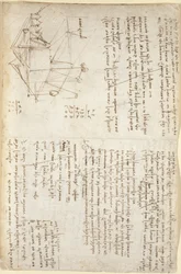 Arundel 263, f.127, Notas y boceto esquemático de una excavadora mecánica en perspectiva (de lado), c.1503-5 (pluma y tinta sobre papel)