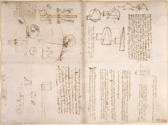 Arundel 263, f.133v, f.130r, Notas, bocetos esquemáticos y diagramas del 