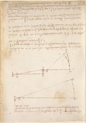 Arundel 263, f.214 Dibujos sobre las potencias y fuerzas mecánicas, percusión, gravedad, movimiento, óptica y astronomía, con diversas proposiciones aritméticas y geométricas (pluma y tinta sobre papel)