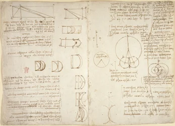 Arundel 263, f.222v, f.219, Dibujos sobre las potencias y fuerzas mecánicas, percusión, gravedad, movimiento, óptica y astronomía, con diversas proposiciones aritméticas y geométricas (pluma y tinta sobre papel)