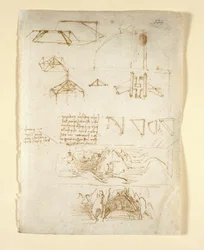 Arundel 263, f.224 Notas y diagramas; bocetos de montañas y una cueva, de 