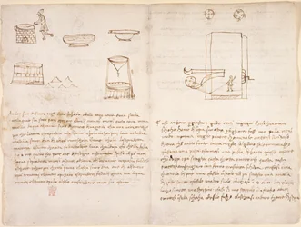 Arundel 263, f.259v, f.260 Notas y bocetos toscos sobre el proceso de producción de salitre para preparar pólvora (no de mano de Leonardo) (pluma y tinta sobre papel)