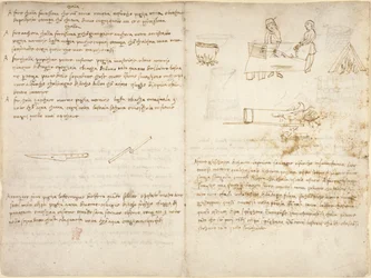 Arundel 263, f.260v Cinco métodos de preparación de diferentes tipos de pegamento y el proceso de recocido del hierro, acompañados de bocetos toscos (no escritos por Leonardo) del 