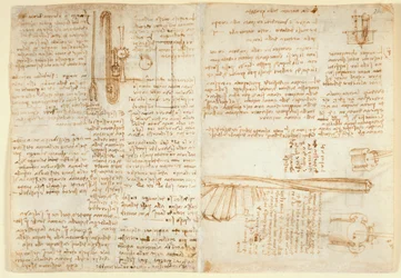 Arundel 263 f.269v, f.264 Notas y boceto sobre un dispositivo hidráulico, de 