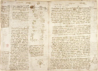 Arundel 263, f.279v f.280, Apuntes, cálculos matemáticos y diagrama titulado 