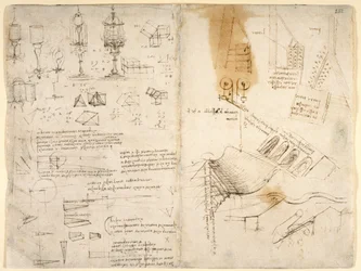 Arundel 263, f.283v, f.282 Bocetos de lámparas con bisagras; notas sobre mecánica; calculos matematicos; bocetos geométricos (pluma y tinta sobre papel)