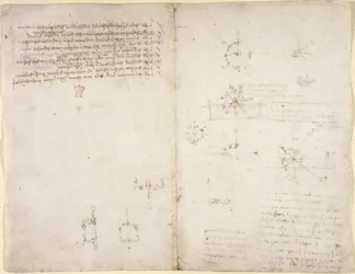 Arundel 263, f.35v, f.34 Dibujos sobre las potencias y fuerzas mecánicas, la percusión, la gravedad, el movimiento, la óptica y la astronomía, con diversas proposiciones aritméticas y geométricas.