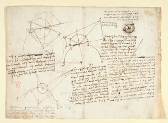 Arundel 263, f.64v El reverso de una sola hoja grande, anteriormente encuadernada a lo largo del borde derecho y doblada en el cuaderno. Notas y diagramas sobre óptica, referentes al problema de Alhazen; boceto esquemático de un globo ocular acompañado de 