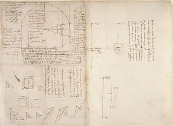 Arundel 263, f.72v, f.69 Notas y diagramas sobre mecánica y el centro de gravedad, de 