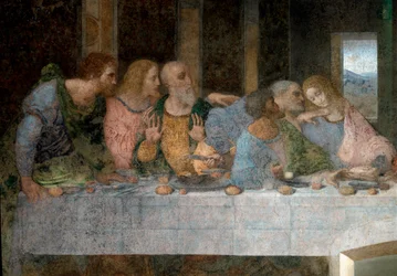 Detalle de La última cena que representa, de izquierda a derecha, a los apóstoles san Bartolomé, Santiago, hijo de Alfeo, Andrés, Judas, Pedro y Juan. 1495-1498. Refectorio de Santa Maria delle Grazie