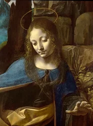 (detalle) de la Cabeza de la Virgen, de La Virgen de las Rocas (La Virgen con el Niño San Juan adorando al Niño Cristo acompañado por un Ángel), detalle, c.1508