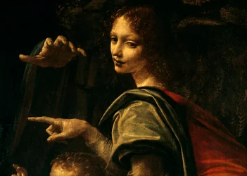 Virgen con las rocas, San Juan Bautista señalando con el dedo y mano de la Virgen María, (detalle)