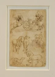 Dos jinetes luchando contra un dragón; un jinete y dos caballos; un perro y un caballo ...