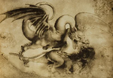 Dragón matando a un león, dibujo de Leonardo da Vinci. Gabinetto dei Disegni e Stampe, Galería Uffizi, Florencia