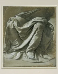 Drapeado para una figura sentada, pincel y témpera gris, reflejos blancos sobre lienzo de lino gris preparado ...