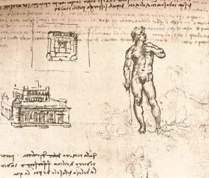 Dibujo de planos para un castillo y de una figura desnuda, lavado con tinta india, c1472-c1519 1883