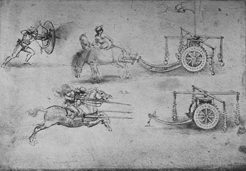Dibujos de carros armados con mayales, de un arquero con escudo, c. 1480, 1945