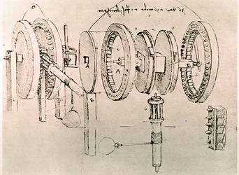 Extracto de un manuscrito de Da Vinci que describe el principio y la construcción de la "Transformación del movimiento alterno en movimiento continuo" (manuscrito).