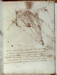 Dibujo de una máquina voladora. Manuscrito de Leonardo da Vinci