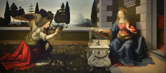 Italia Toscana Florencia, Galería de los Uffizi: La Anunciación, Pintura de Leonardo da Vinci (1452-1519), Óleo sobre madera, ca. 1472-1475, 98x217 cm